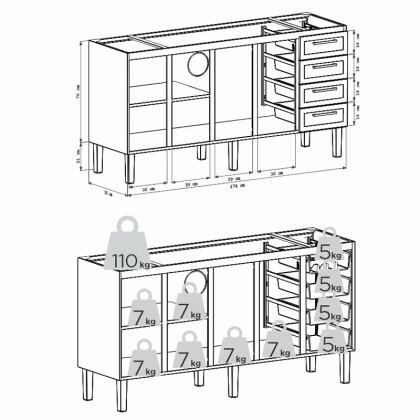 Gabinete de Aço Para Pia 180cm 4 Portas 4 Gavetas 174x91x52cm Juno