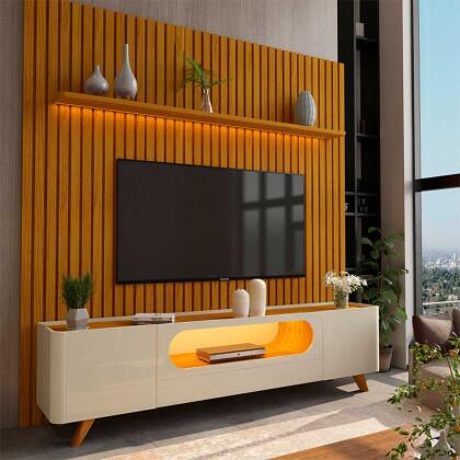 Rack Nobre Pés Madeira Com Painel Ripado Nobre TV 85 Pol 230x250