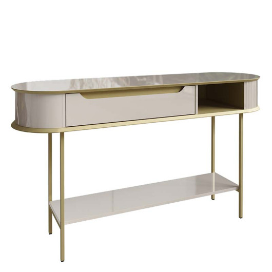 Aparador Sala 136cm Pés de Ferro Arredondado 1 Gaveta Atlanta Lukaliam Off White/Dourado