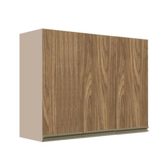 Módulo Armário Aéreo 88x120x34cm 3 Portas 100% MDF Cozinha Modulada Gold J Robel Fendi/Amendoeira BP