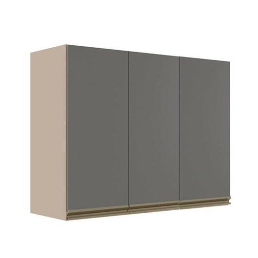 Módulo Armário Aéreo 88x120x34cm 3 Portas 100% MDF Cozinha Modulada Gold J Robel Fendi/Cinza Matte