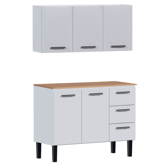 Cozinha de Aço Balcão Com Tampo Jequitiba e Armário Aéreo Novo Vênus 120 Cozimax Branco