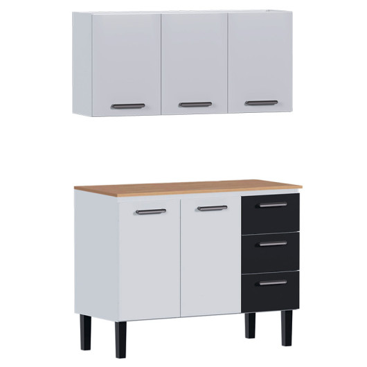 Cozinha de Aço Balcão Com Tampo Jequitiba e Armário Aéreo Novo Vênus 120 Cozimax Branco/Preto