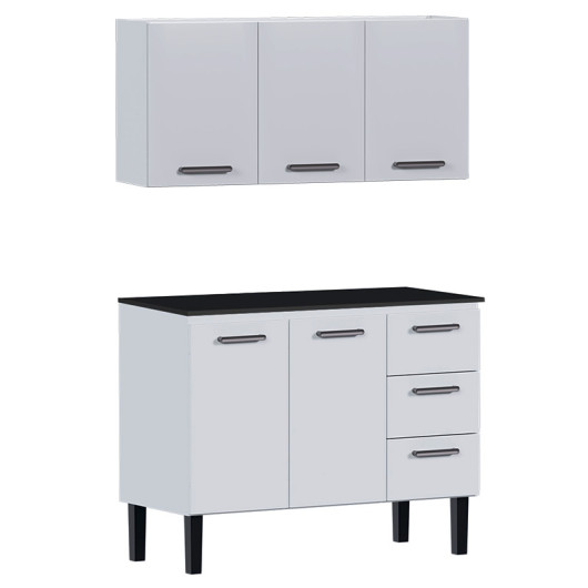 Cozinha de Aço Balcão Com Tampo Preto e Armário Aéreo Novo Vênus 120 Cozimax Branco