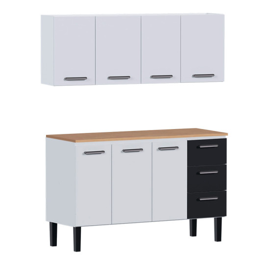 Cozinha de Aço Balcão Com Tampo Jequitiba e Armário Aéreo Novo Vênus 150 Cozimax Branco/Preto