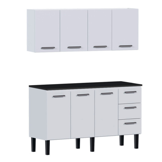 Cozinha de Aço Balcão Com Tampo Preto e Armário Aéreo Novo Vênus 150 Cozimax Branco