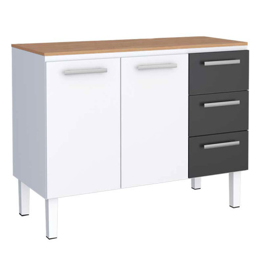 Balcão de Aço Cozinha 117x92x52cm 3 Gavetas Com Tampo Jequitiba Vênus 120 Cozimax Branco/Preto