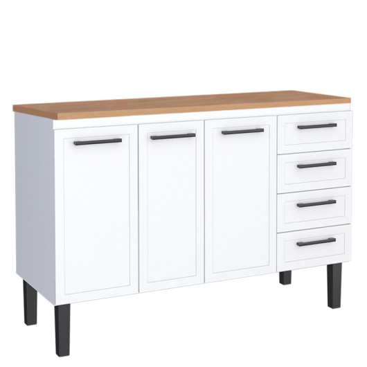 Balcão de Aço Com Tampo Madeira 134x91x52cm 3 Portas 4 Gavetas Juno 140 Cozimax Branco/Jequitiba