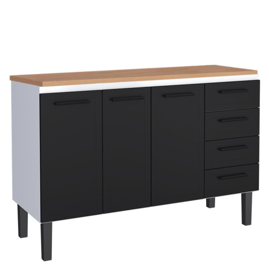 Balcão de Aço Com Tampo Madeira 134x91x52cm 3 Portas 4 Gavetas Juno 140 Cozimax Preto/Jequitiba