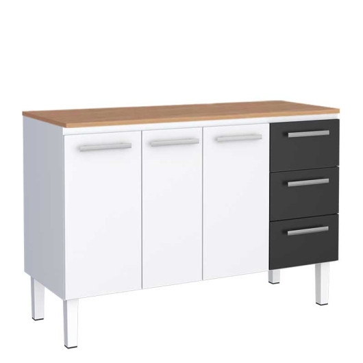 Balcão de Aço Cozinha 134x92x52cm 3 Gavetas Com Tampo Jequitiba Vênus 140 Cozimax Branco/Preto