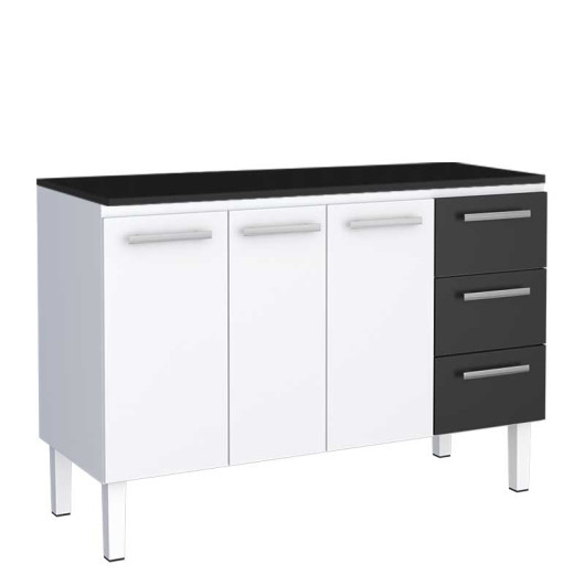 Balcão de Aço Cozinha 134x92x52cm 3 Gavetas Com Tampo Preto Vênus 140 Cozimax Branco/Preto