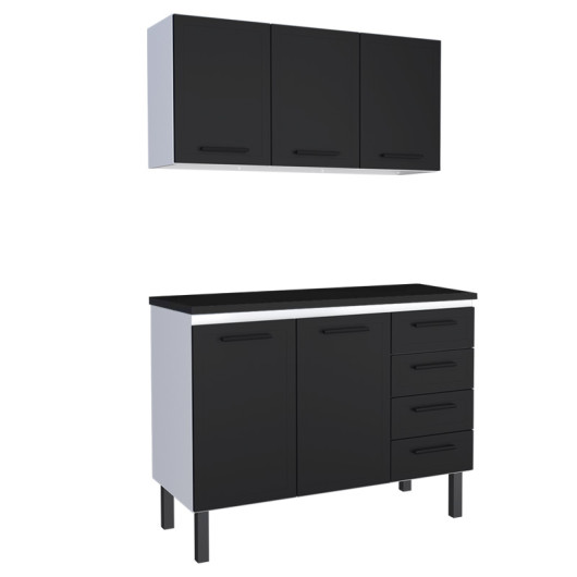 Cozinha Completa Balcão de Aço com Tampo Madeira e Armário Aéreo Juno 120 Cozimax Preto/Preto