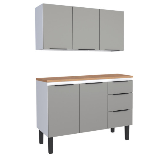 Cozinha Completa Balcão Aço com Tampo Madeira e Armário Aéreo Júpiter 120 Cozimax Cinza/Jequitiba