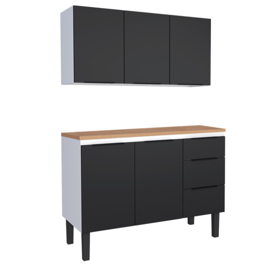 Cozinha Completa Balcão Aço com Tampo Madeira e Armário Aéreo Júpiter 120 Cozimax Preto/Jequitiba