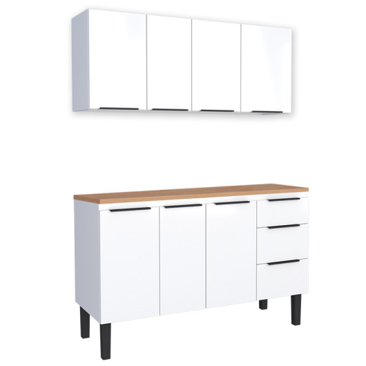 Cozinha Completa Balcão Aço com Tampo Madeira e Armário Aéreo Júpiter 140 Cozimax Branco/Jequitiba