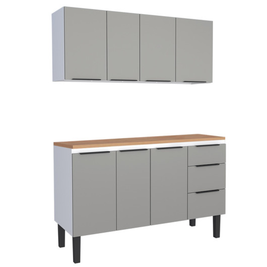 Cozinha Completa Balcão Aço com Tampo Madeira e Armário Aéreo Júpiter 140 Cozimax Cinza/Jequitiba