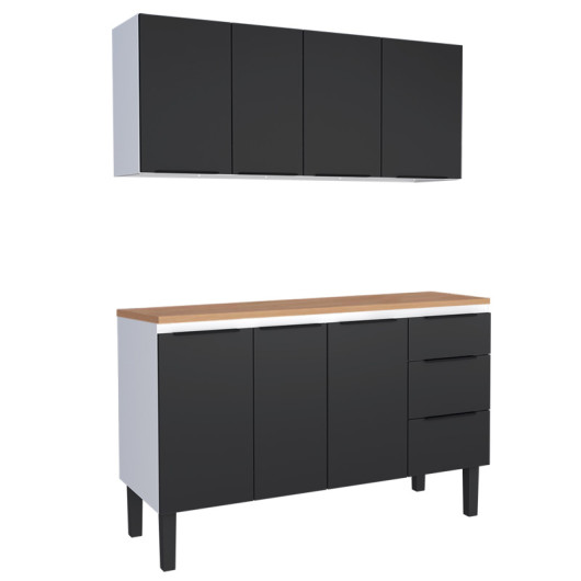 Cozinha Completa Balcão Aço com Tampo Madeira e Armário Aéreo Júpiter 140 Cozimax Preto/Jequitiba