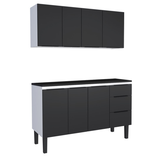 Cozinha Completa Balcão Aço com Tampo Madeira e Armário Aéreo Júpiter 140 Cozimax Preto/Preto