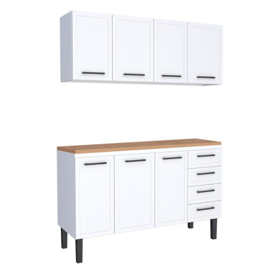 Cozinha Completa Balcão de Aço com Tampo Madeira e Armário Aéreo Juno 150 Cozimax Branco/Jequitiba