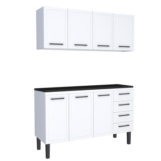 Cozinha Completa Balcão de Aço com Tampo Madeira e Armário Aéreo Juno 150 Cozimax Branco/Preto