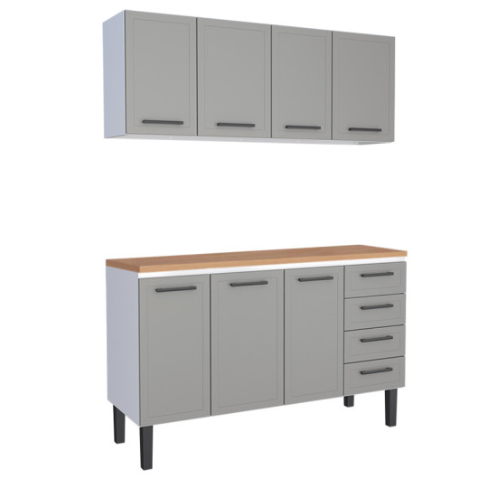 Cozinha Completa Balcão de Aço com Tampo Madeira e Armário Aéreo Juno 150 Cozimax Cinza/Jequitiba