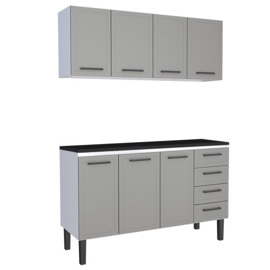 Cozinha Completa Balcão de Aço com Tampo Madeira e Armário Aéreo Juno 150 Cozimax Cinza/Preto