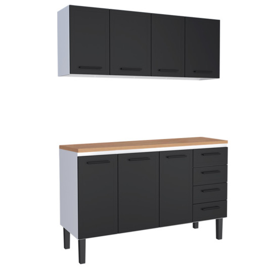 Cozinha Completa Balcão de Aço com Tampo Madeira e Armário Aéreo Juno 150 Cozimax Preto/Jequitiba