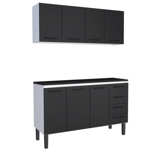 Cozinha Completa Balcão de Aço com Tampo Madeira e Armário Aéreo Juno 150 Cozimax Preto/Preto