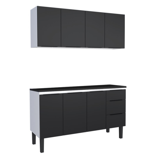 Cozinha Completa Balcão Aço com Tampo Madeira e Armário Aéreo Júpiter 150 Cozimax Preto/Preto