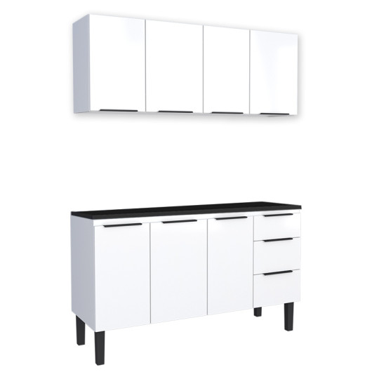 Cozinha Completa Balcão Aço com Tampo Madeira e Armário Aéreo Júpiter 160 Cozimax Branco/Preto