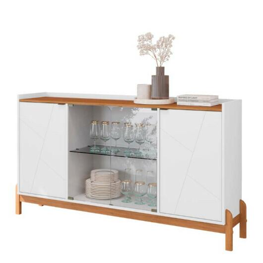 Buffet Cristaleira 1.7 Porta de Vidro Sala de Jantar Bari Casa D Branco/Cedro
