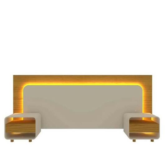 Cabeceira Para Cama Box de Casal Queen e King com 2 Mesas de Cabeceiras Innova Gelius Naturale/Off White