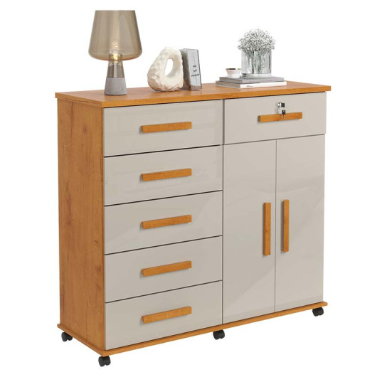 Cômoda Sapateira 1 Porta 6 Gavetas 126cm Platina Lukaliam Cinamomo/Off White