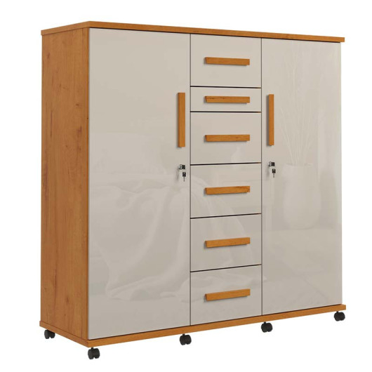 Cômoda Roupeiro Grande 6 Gavetas 2 Portas Espelho Roma Lukaliam Cinamomo/Off White