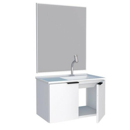 Conjunto Para Banheiro Aço Gabinete Parati 60 Com Lavatório e Espelho Bisotê Cozimax Branco