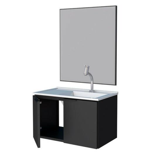 Conjunto Para Banheiro Aço Gabinete Parati 60 Com Lavatório e Espelho Bisotê Cozimax Preto