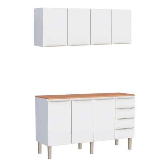 Cozinha Completa Aço Balcão com Tampo Jequitibá e Armário Aéreo 160 Flora Cozimax Branco