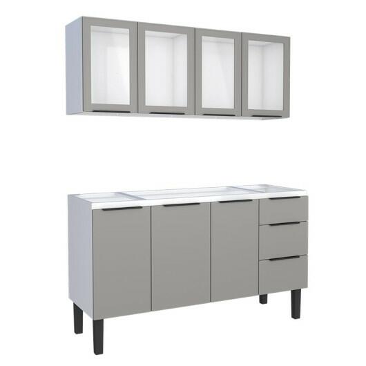 Cozinha Completa Gabinete Para Pia 150cm e Armário Aéreo Portas Vidro Júpiter Cozimax Cinza Argila