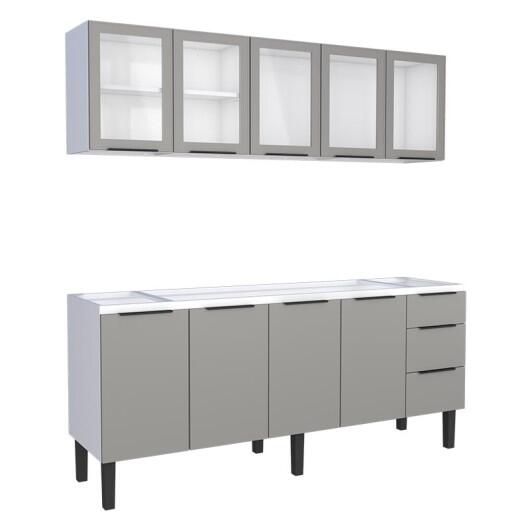 Cozinha Completa Gabinete Para Pia 200cm e Armário Aéreo Portas Vidro Júpiter Cozimax Cinza Argila