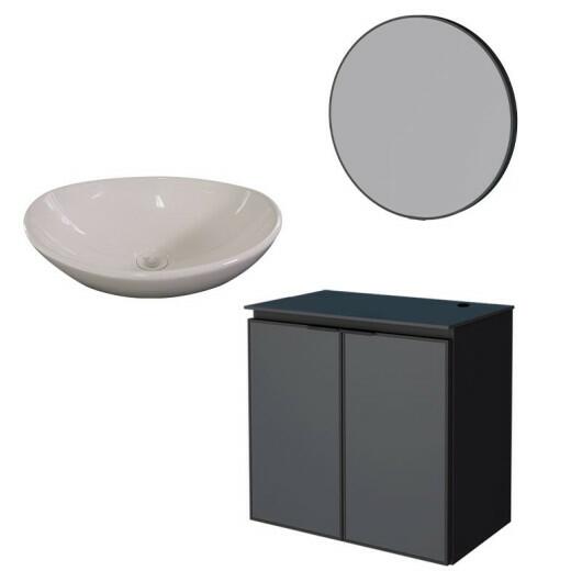 Conjunto Banheiro Aço Gabinete Umbu 60 Com Cuba Bali Branca Espelho Luna Cozimax Preto