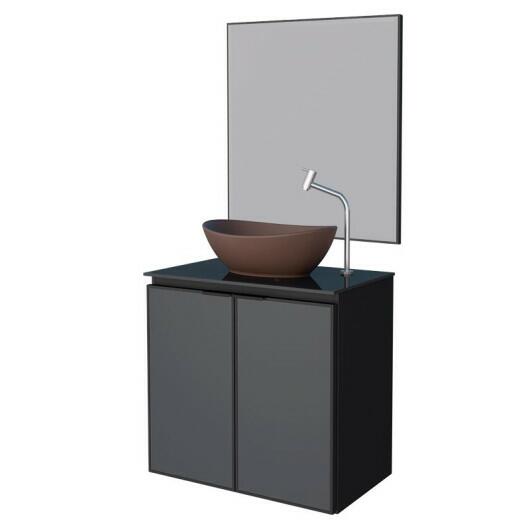Conjunto Banheiro Aço Gabinete Umbu 60 Com Cuba Bali Marrom Espelho Bisotê Cozimax Preto