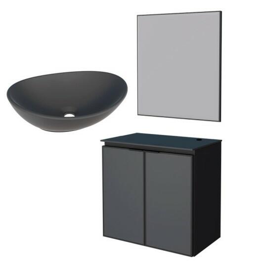 Conjunto Banheiro Aço Gabinete Umbu 60 Com Cuba Bali Preta Espelho Bisotê Cozimax Preto