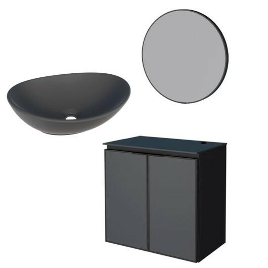 Conjunto Banheiro Aço Gabinete Umbu 60 Com Cuba Bali Preta Espelho Luna Cozimax Preto