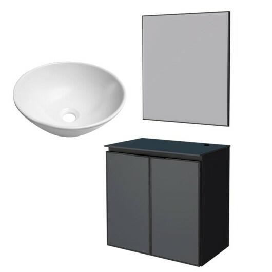 Conjunto Banheiro Aço Gabinete Umbu 60 Com Cuba Cuia Branca Espelho Bisotê Cozimax Preto