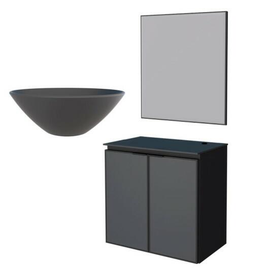 Conjunto Banheiro Aço Gabinete Umbu 60 Com Cuba Cuia Preta Espelho Bisotê Cozimax Preto