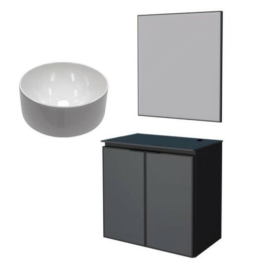 Conjunto Banheiro Aço Gabinete Umbu 60 Com Cuba Domo e Espelho Bisotê Cozimax Preto