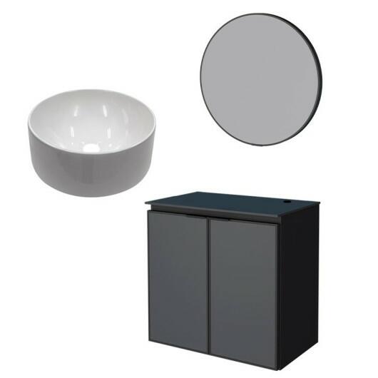 Conjunto Banheiro Aço Gabinete Umbu 60 Com Cuba Domo e Espelho Luna Cozimax Preto