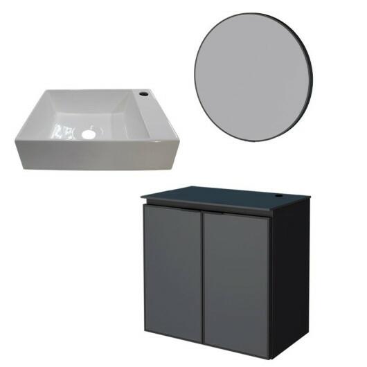 Conjunto Banheiro Aço Gabinete Umbu 60 Com Cuba Prisma Base e Espelho Luna Cozimax Preto 