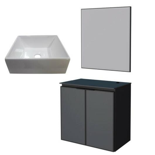 Conjunto Banheiro Aço Gabinete Umbu 60 Preto Com Cuba Prisma e Espelho Bisotê Cozimax