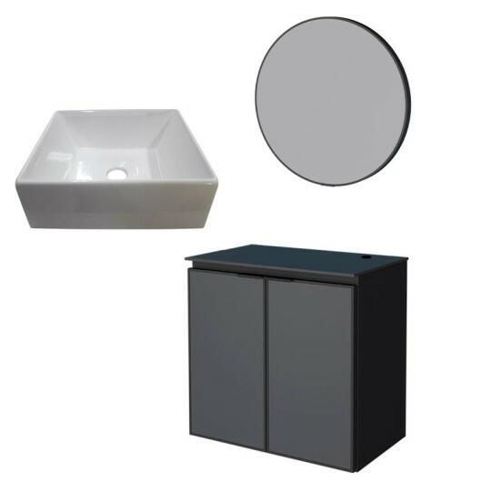 Conjunto Banheiro Aço Gabinete Umbu 60 Preto Com Cuba Prisma e Espelho Luna Cozimax